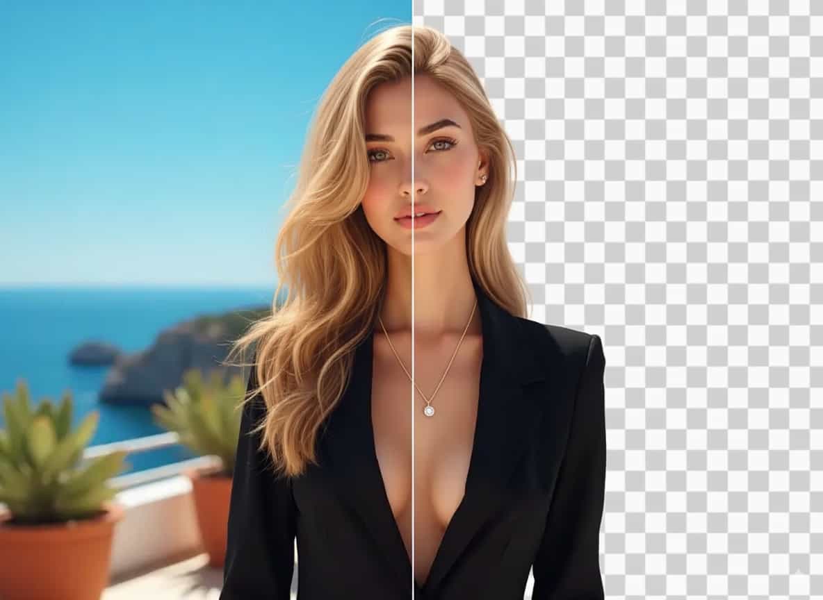 Ejemplo de la foto de una persona con el fondo eliminado, mostrando un fondo transparente.