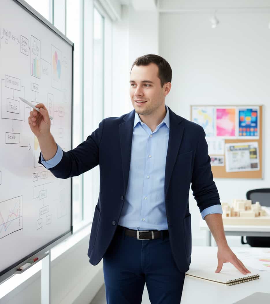 Office depth of field portrait with soft blurred background and natural expression.