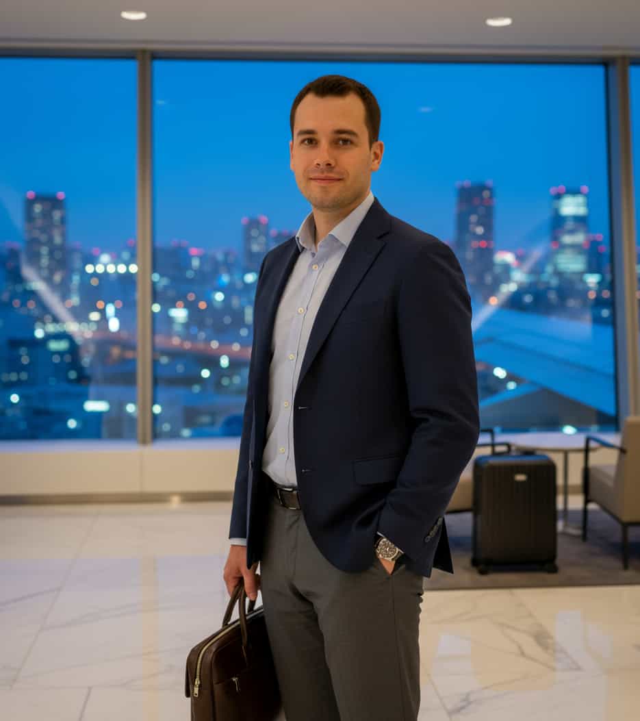 Arms-crossed branding pose with subtle vignette and professional attire.
