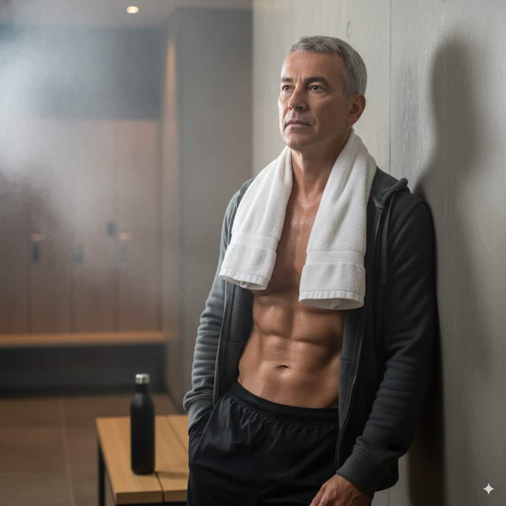 Richard D. después de entrenar mostrando abdominales.