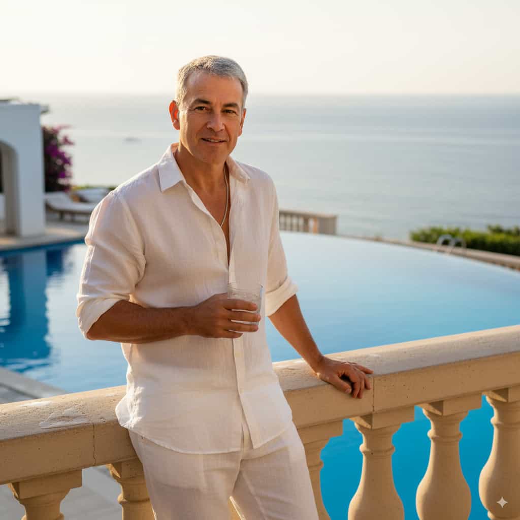Richard D. disfrutando el atardecer en la piscina.