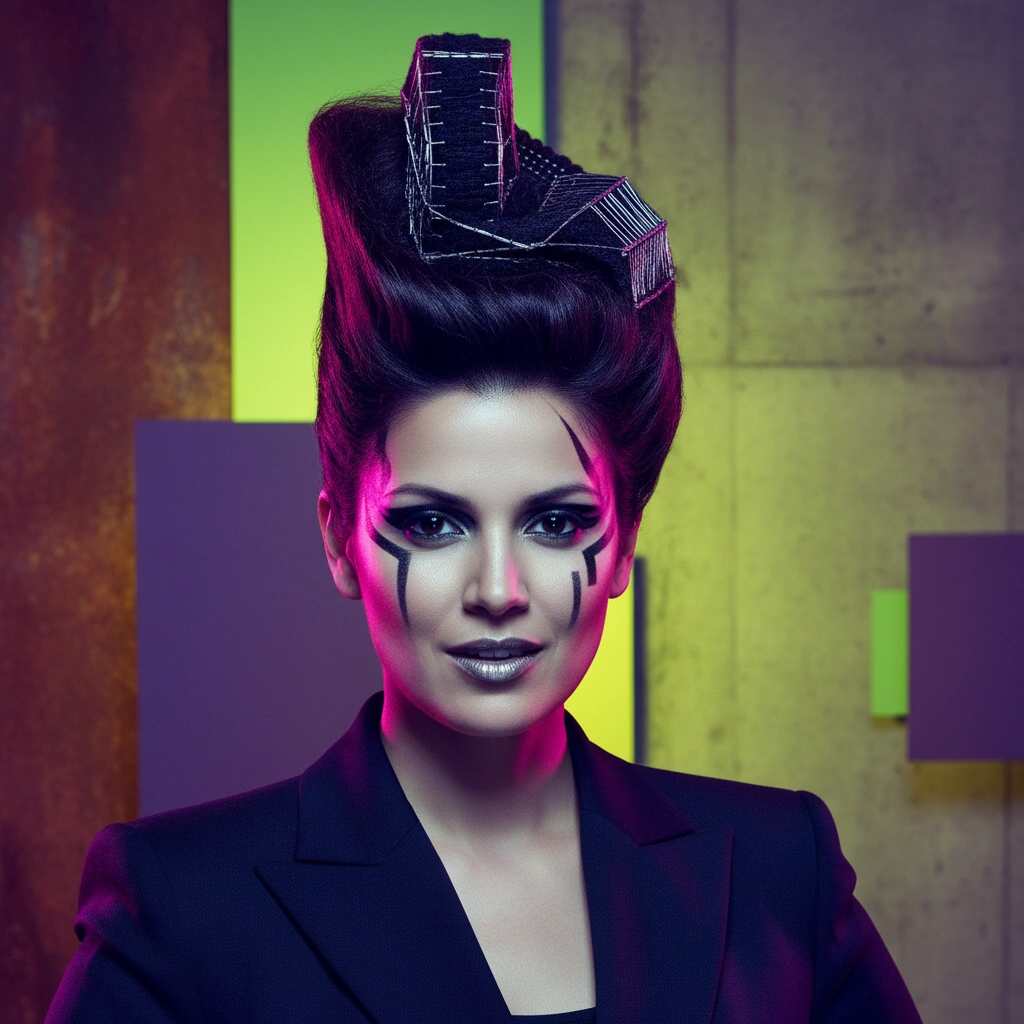 Variación glamour con estética editorial y acentos neón.